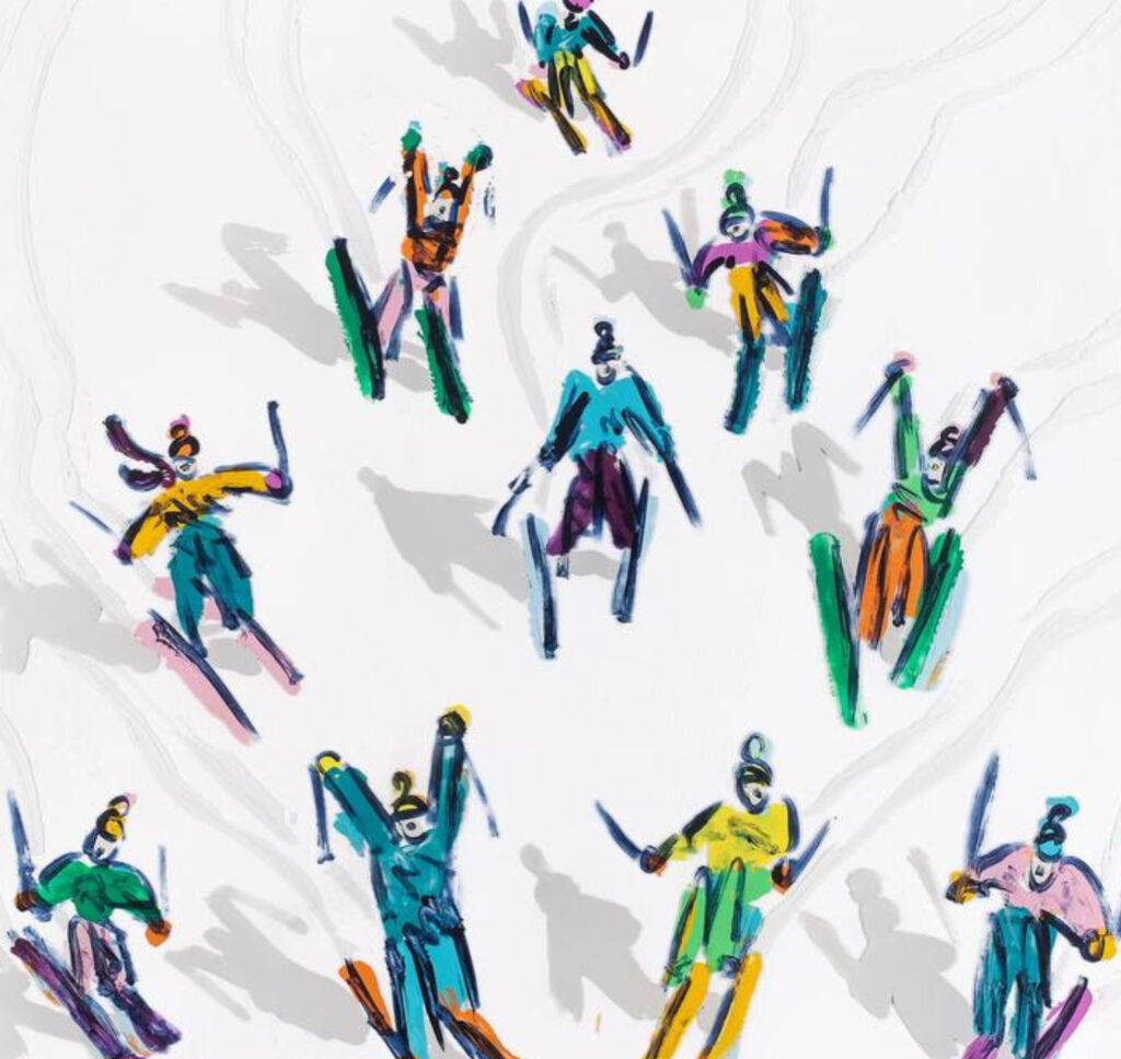Heather Blanton’s artwork on plexiglass showcasing skiers in motion, depicted with sweeping lines and layered depth