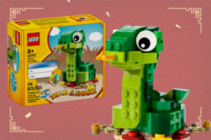 LEGO 2025 Year of the Snake Gift with Purchase featuring a detailed snake model with vibrant colors on a festive decorative base
