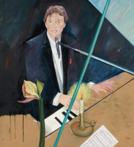 Uni Jürgens performing at a grand piano with projections of Bruno Bruni’s artwork illuminating the background