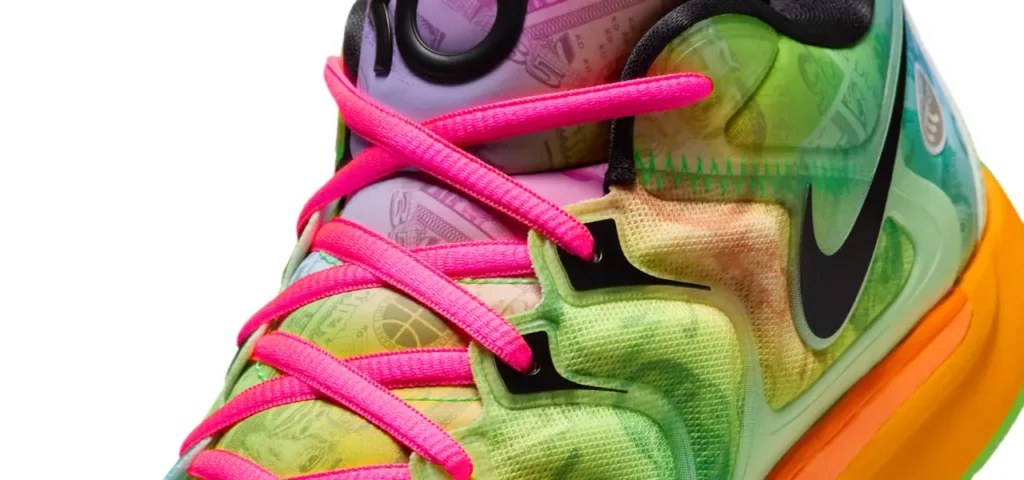 Kevin Durant wearing the Nike KD 17 ‘Easy Money’ during NBA All-Star Weekend, highlighting its sleek green and gold design