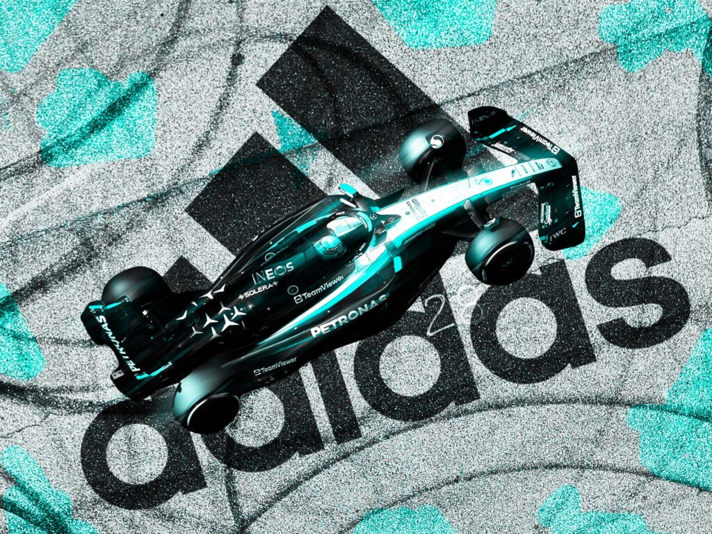 Mercedes-AMG Formula 1 car with Adidas branding, showcasing the team’s 2025 sponsorship change and new apparel partnership