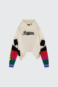 Barrow knitwear hoodie with cream base, colorful striped knit sleeves, cable-knit texture, and bold black logo