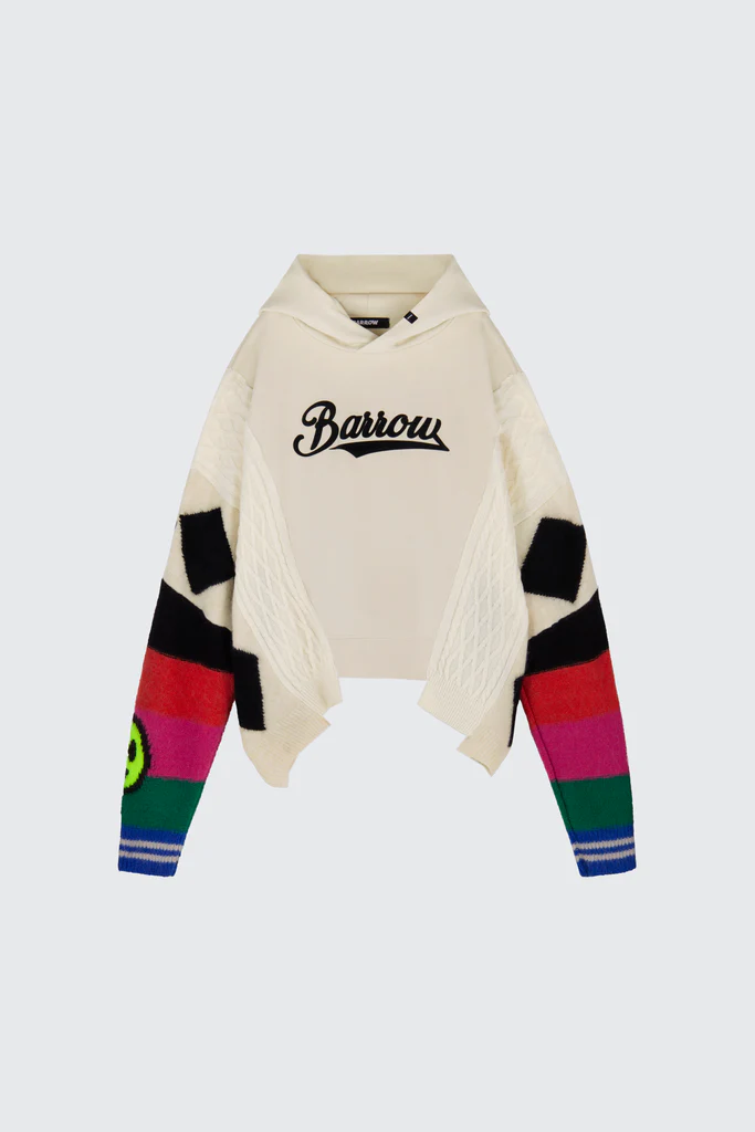 Barrow knitwear hoodie with cream base, colorful striped knit sleeves, cable-knit texture, and bold black logo