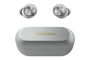 A close-up image of the Technics EAH-AZ100 wireless earbuds in their sleek charging case with a minimalistic design