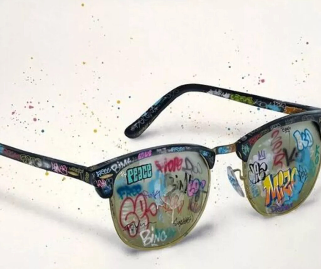 A vibrant artwork by Onemizer titled Miami Style, featuring bold colors, graffiti textures, and Miami-inspired cultural motifs