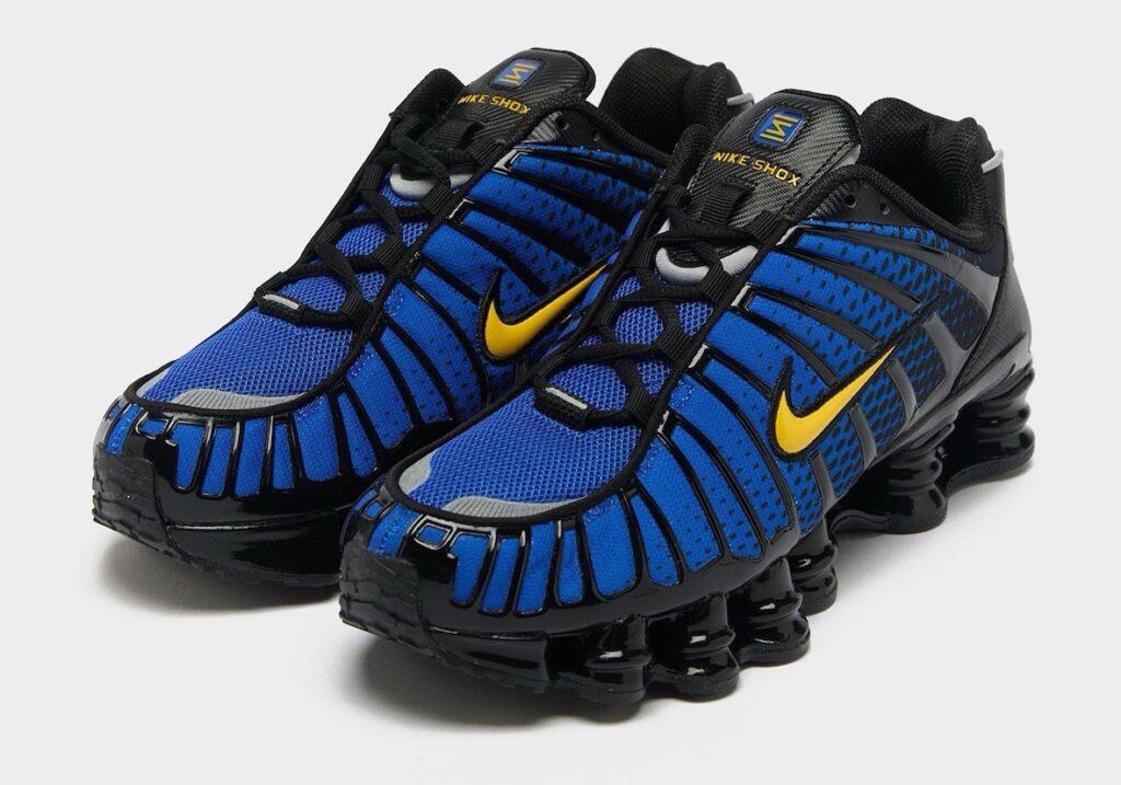 Nike Shox TL “Lyon Blue” sneaker, showcasing vibrant blue mesh, metallic silver overlays, and full-length Shox cushioning system