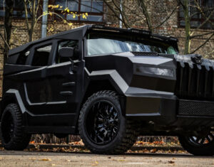 Dartz Prombron Black Stallion luxury SUV with matte black finish, carbon-Kevlar armor, and opulent interior design
