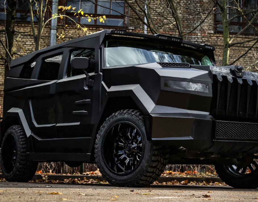 Dartz Prombron Black Stallion luxury SUV with matte black finish, carbon-Kevlar armor, and opulent interior design