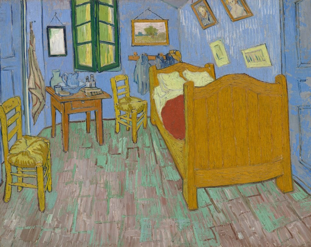 Painting of Vincent van Gogh’s The Bedroom (1889), featuring a simple room with vibrant colors and expressive brushwork