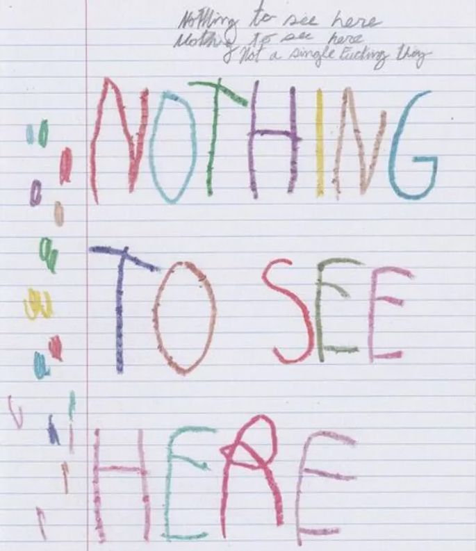 CB Hoyo’s 2021 painting NOTHING TO SEE HERE, featuring bold text over vibrant colors, critiquing art and value systems