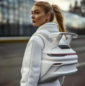 A sleek Porsche 911 Backpack with a hard-shell design and spoiler detail, inspired by the iconic curves of the Porsche 911