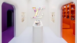 Louis Vuitton’s Takashi Murakami pop-up in Soho, featuring colorful Monogram Multicolore designs and artistic displays