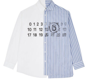 MM6 Maison Margiela Spliced Numbers Shirt featuring deconstructed graphics, asymmetrical details, and a relaxed oversized fit