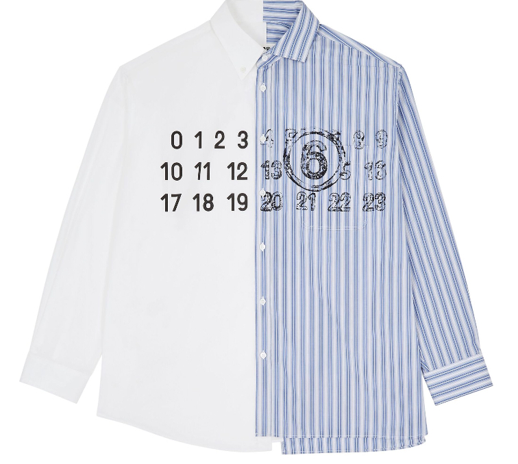 MM6 Maison Margiela Spliced Numbers Shirt featuring deconstructed graphics, asymmetrical details, and a relaxed oversized fit