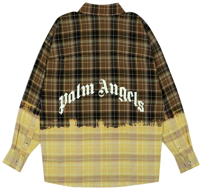Palm Angels Bleached Effect Shirt in Brown/White featuring a plaid pattern with a unique bleached gradient design