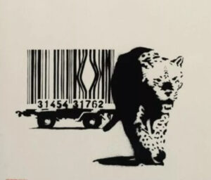 Banksy’s Barcode (2004): A tiger escaping a barcode cage, symbolizing defiance against consumerism and commodification