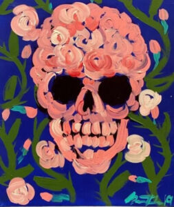 Bradley Theodore’s Little Skull on Blue (2019), a vibrant skull painting on a blue background with expressive brushstrokes