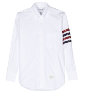 Thom Browne Four-Stripe Collared Shirt featuring the signature striped sleeve design, tailored fit, and premium craftsmanship