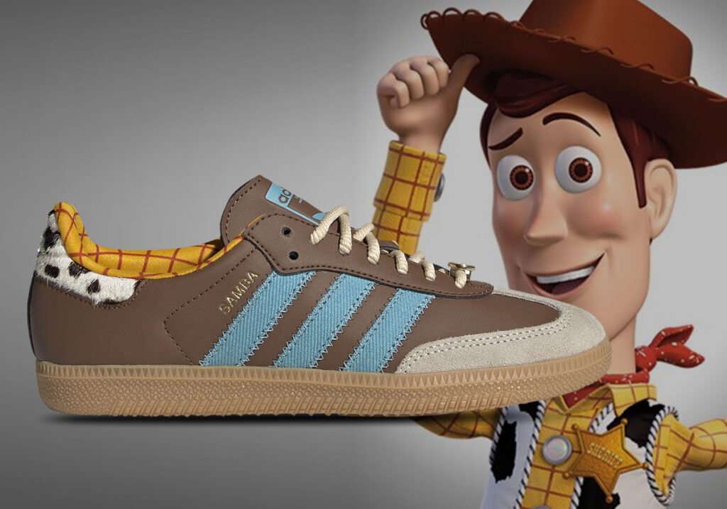 The Toy Story x adidas Samba “Woody” celebrates nostalgia with a design inspired by Woody’s iconic cowboy outfit