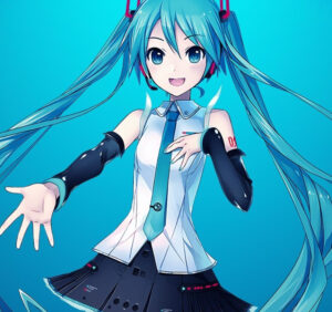 Hatsune Miku performing as a holographic virtual idol with her iconic turquoise twin-tails and futuristic outfit