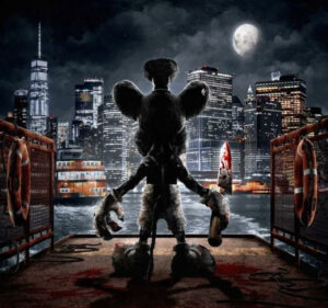 David Howard Thornton as a terrifying, sinister Steamboat Willie, blending classic cartoon elements with horror aesthetics