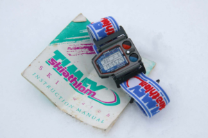 Timex Skiathlom watch featuring a retro design with bold colors, durable resin case, and oversized buttons for winter sports