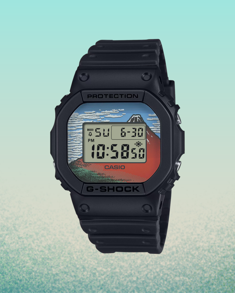 G-Shock DW-5600 featuring Hokusai’s “The Great Wave off Kanagawa” artwork on the strap and bezel in vibrant detail