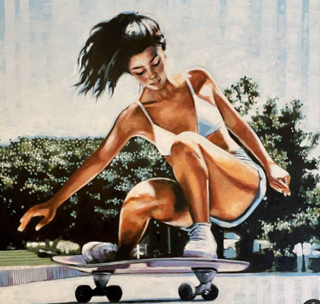 A colorful painting by Thomas Saliot of a young woman skateboarding, illuminated by bright sunlight in an urban setting