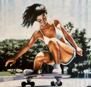 A colorful painting by Thomas Saliot of a young woman skateboarding, illuminated by bright sunlight in an urban setting