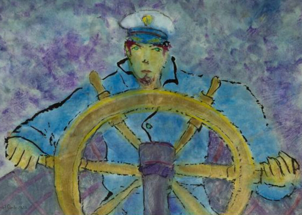 A painting by Marcel Garbi, Staying the Course, depicting a lone vessel navigating turbulent seas with a hopeful horizon