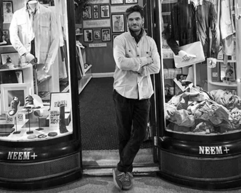 Neem London’s regenerative recycled menswear collection, showcasing eco-friendly tailored clothing made from recycled materials