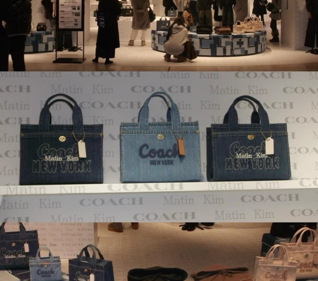 A reimagined COACH handbag featuring denim patchwork, blending classic design with modern artistry from MARTIN KIM