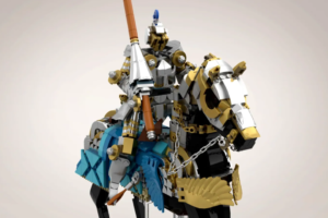 A detailed LEGO Medieval Knight Sculpture featuring an armored knight on a rearing horse with a decorated base and intricate details