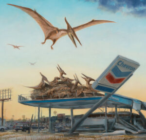 Michael Kerbow painting depicting a post-climate disaster world with a towering dinosaur roaming a crumbling urban landscape