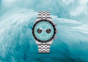 TUDOR Black Bay Chrono “Blue Flamingo” with a striking blue dial, stainless steel case, and a Miami-inspired design
