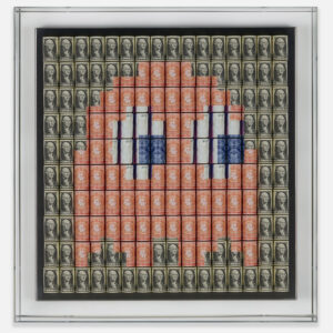 A close-up of Santiago Montoya’s Clyde (2023), featuring paper currency arranged in an Art Deco-inspired pattern