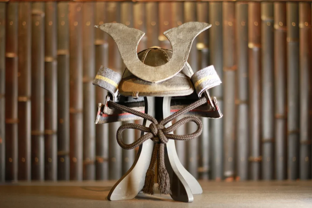 A Denim Kabuto featuring intricate craftsmanship that blends traditional samurai helmet design with modern denim material