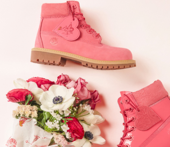 Timberland Valentine’s Day Edition boots featuring heart accents and romantic hues, blending rugged style with love-inspired design