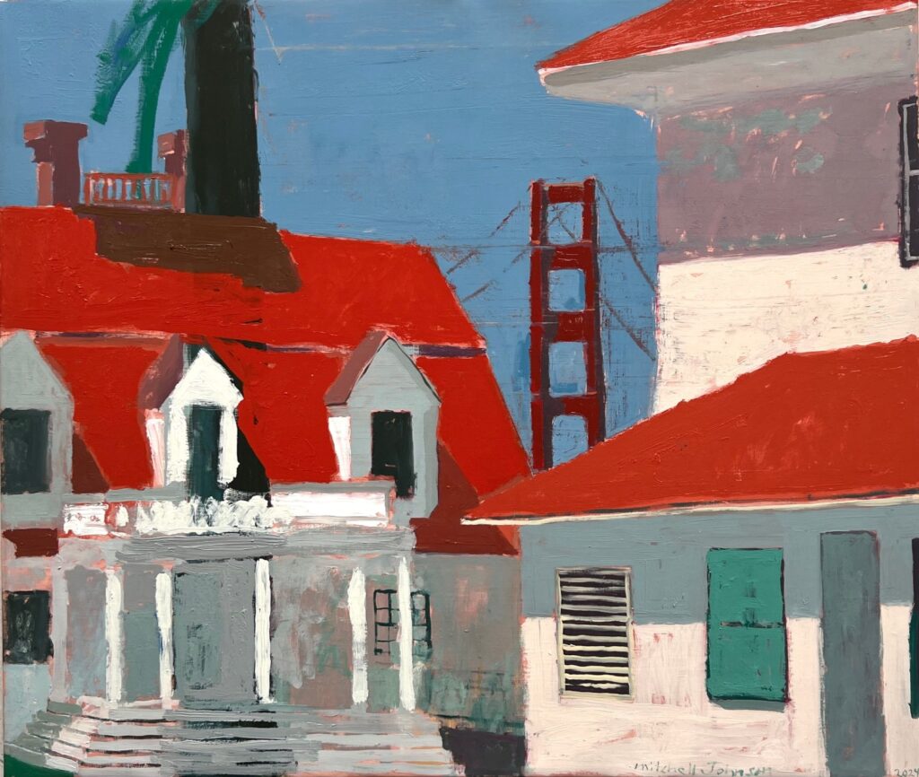 Mitchell Johnson’s painting Presidio #20 (Porch) (2024) featuring abstracted architectural elements and vibrant colors