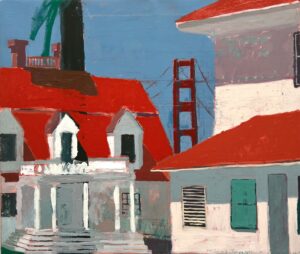 Mitchell Johnson’s painting Presidio #20 (Porch) (2024) featuring abstracted architectural elements and vibrant colors
