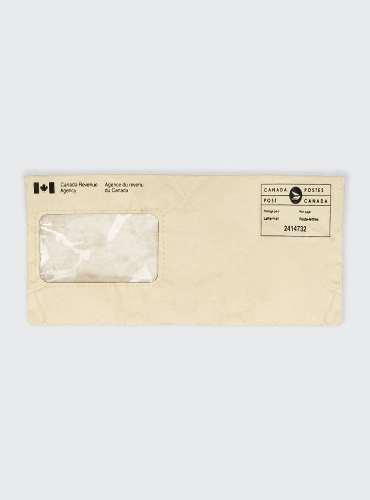 CRA Envelope Bag M224080HYB with Tyvek fabric, transparent vinyl window, and detachable strap by Hybrid Clothing Canada
