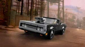 A LEGO Speed Champions video game concept featuring iconic cars and dynamic racing tracks with creative customization