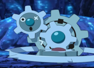 Fan art of Mega Klinklang showcasing enhanced gears, colorful gems, and a dynamic mechanical design concept
