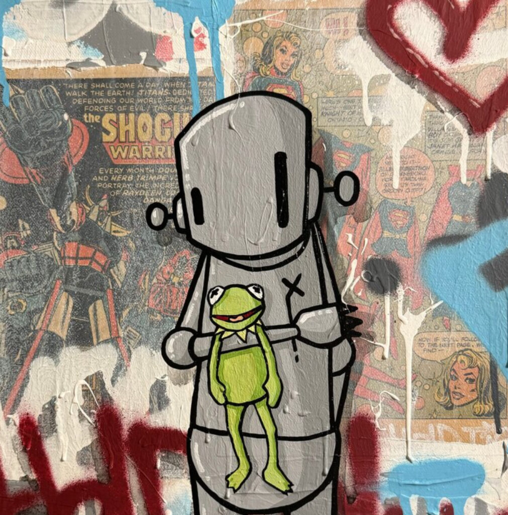 Chris RWK’s Found in Foundation, a 2024 acrylic and spray paint artwork featuring his signature street art style