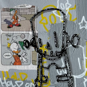 s RWK contemporary art 120-Character Description: Chris RWK’s Found in Foundation, a 12x12 acrylic and spray paint canvas from 2024, blends nostalgia with urban aesthetics. Alt Text: Chris RWK’s Found in Foundation, a 2024 acrylic and spray paint artwork featuring his signature street art style