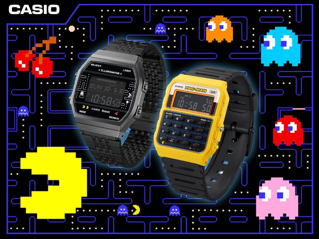 Casio PAC-MAN Calculator Watch featuring iconic 8-bit maze design and classic calculator button