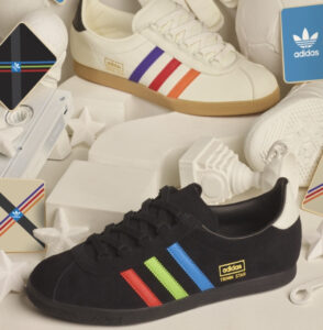 A stylish Adidas VHS-inspired sneaker with retro design elements, glitch graphics, and vintage color tones