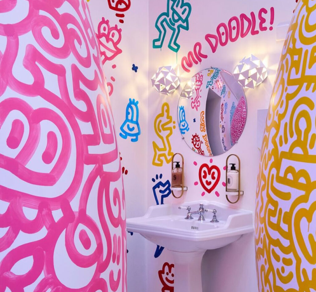 Mr. Doodle’s artwork covering the interiors of Sketch restaurant, featuring intricate black-and-white doodle designs