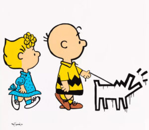 An acrylic painting by Karl Striker featuring Sally and Charlie Brown in a modern, thought-provoking artistic composition