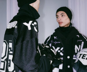 Models backstage at Y-3 Fall/Winter 2025 Paris Fashion Week, showcasing avant-garde sportswear and innovative designs